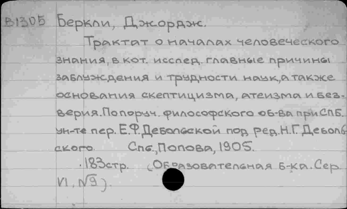 ﻿
Ьеркл\л, Д.сж.орр,^.
Трлк-гсчт о глс\члллх человеческого
ЗнйНиЯ,ь кот. исспер,. гл<лвн«»1е причинам
ЗяБЛ^Ж-деллиЯ и трчр^ости	тлкоке.
осноблиия скептиуц'лагосч, ₽\теллэ>ппс\ вег»-.
веркля.ПопорАЧ. «философского ов-всч при СП Б. эн-т-е пер. Е.^.ДебюлАскор« по^ ре^.Н.Г Деьолб акого ._ <2пв‘.Допойся, 1^0^.
• \^>стр. <0^лъов^тел<ък<АЯ Б-к с*. Сер.
VI, ь/^ V